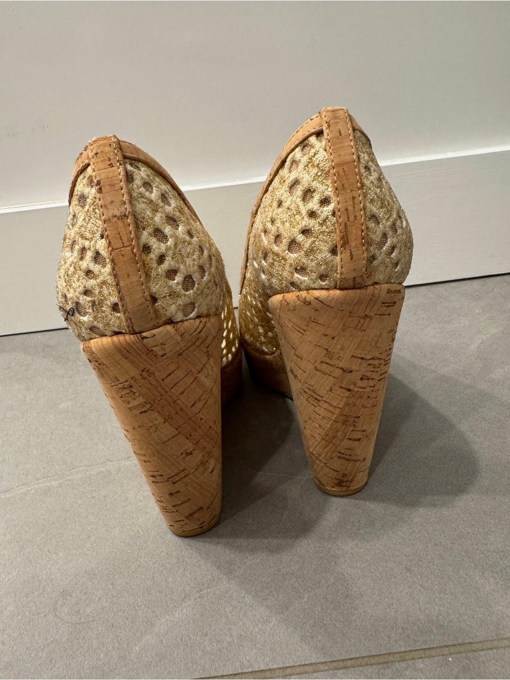 Stuart Weitzman Neutral Cork Platform Wedges - Picture 6 of 9